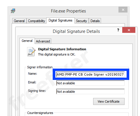 Screenshot of the AMD PMP-PE CB Code Signer v20190327 certificate